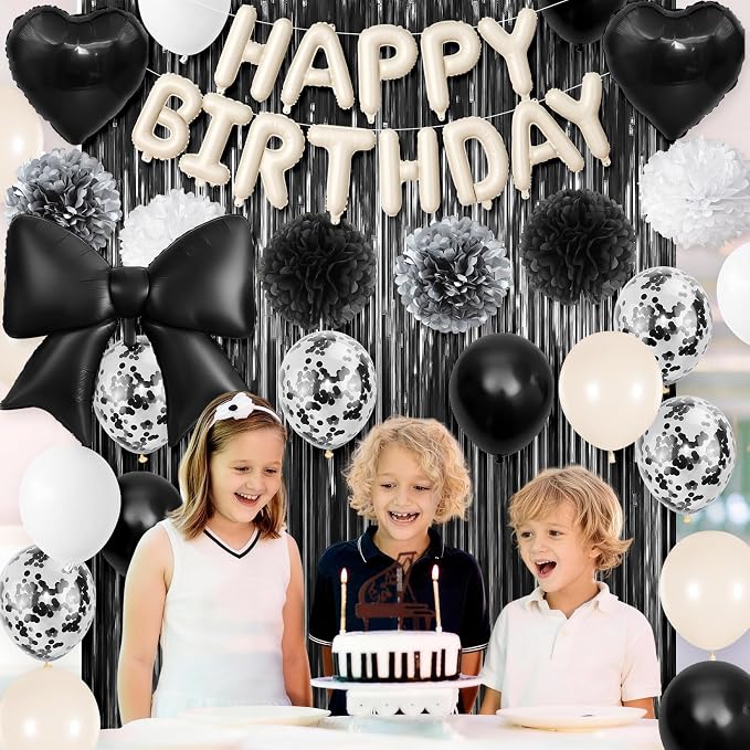 Black Bow Birthday Decorations, Sand White Happy Birthday Balloon Banner with Bow and Heart Foil Balloons Fringe Curtain Tissue Paper Pompoms Garland Party Supplies for Women Girls Boys