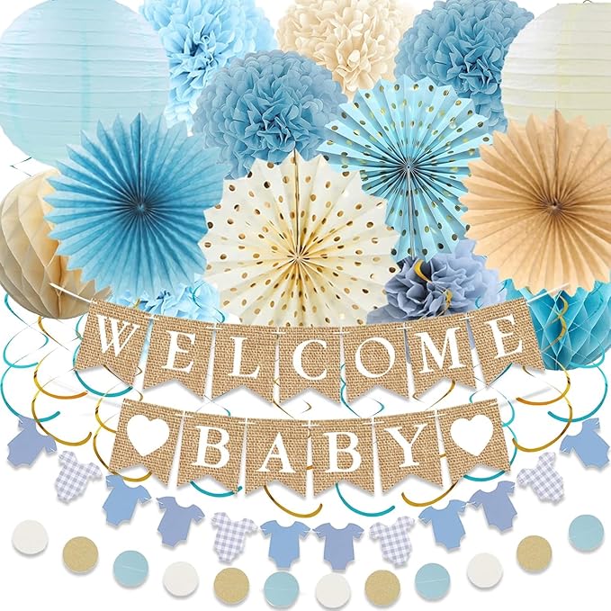 Baby Shower Decorations Kit, Welcome Baby Banner with Dusty Blue Paper Lanterns, Tissue Pom Poms, Honeycomb Balls, Clothes Banner Garland for Boho Baby Boy Shower Party Decorations