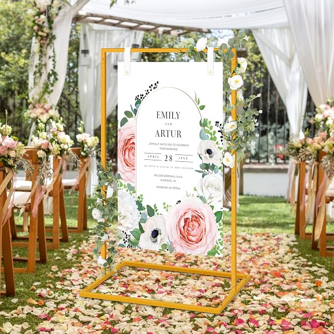 MorningRo Wedding Welcome Sign Stand 50”x30”x20” Welcome to Our Wedding Sign Holder with 2 Leather Straps Easel Stand for Signs Metal Display Poster Holder for Ceremony Party(White, Gold)