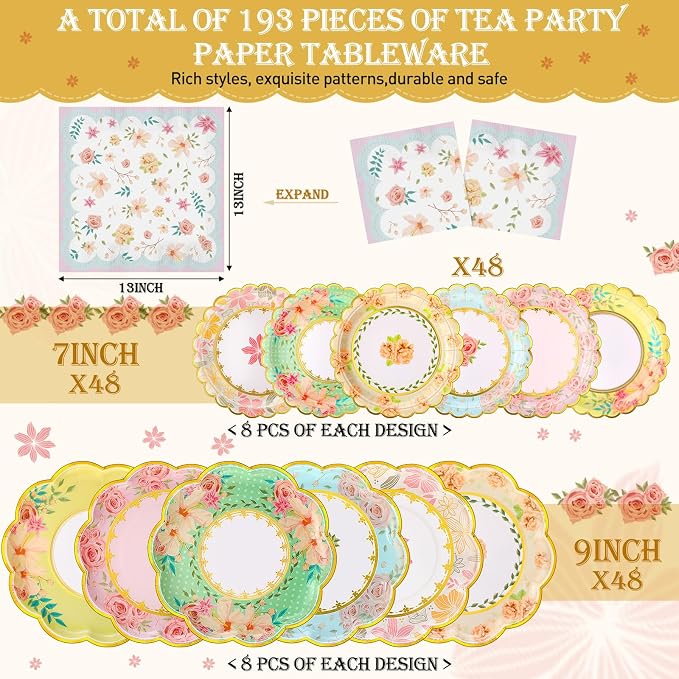 Yungyan 193 Pcs 48 Guests Tea Birthday Party Supplies Disposable Tableware Set 9 oz Paper Tea Cups with Handle, 7" 9" Paper Plates, Napkins, Tablecloth for Floral Party Wedding Baby Shower