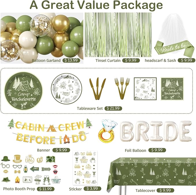 cocomigo 244 PCS Camp Bachelorette Decorations, Hassle-Free One-Stop Set for 25 Guests, With Balloon, Banner, Photo Props, Tattoos, Plates and Napkins, Easy Setup for Camp Bachelorette Party