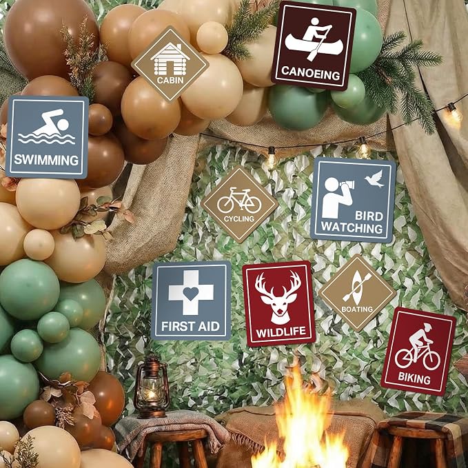 Bucherry Camping Party Backdrop Decoration Set 10 x 13 ft Camo Netting with 9 Camping Sign Cutouts Happy Camper Birthday Party Supplies Outdoor Adventure Photo Booth Wall Decor for Camp Theme Activity