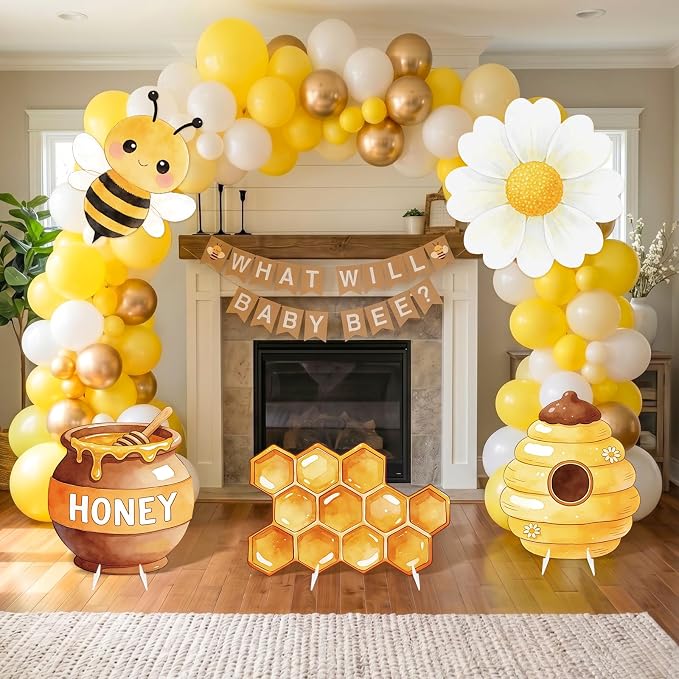 5PCS Bee Party Decorations, What Will Baby Bee Gender Reveal Decorations, Corrugated Plastic Honeybee Cardboard Cutouts for First Bee Day Birthday Party Baby Shower Photo Props Centerpieces