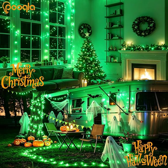 Pooqla 2 Pack String Lights Battery Operated, Total 33.3ft 100 LED Fairy Lights Indoor Outdoor Decorations, 8 Modes Green Battery Christmas Lights for Bedroom Classroom Party Yard Halloween Decor