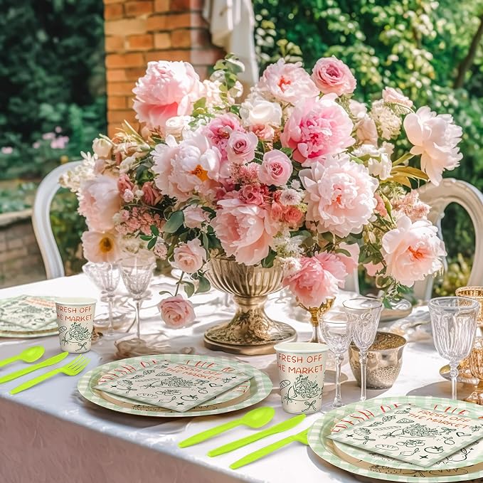 FoldTier 350 Pcs Fresh off the Market Bridal Shower Party Tableware - Paper Plate, Napkin, Cup, Cutlery, Disposable Fresh off the Market Party Decorations for Family and Friends, 50 Guests
