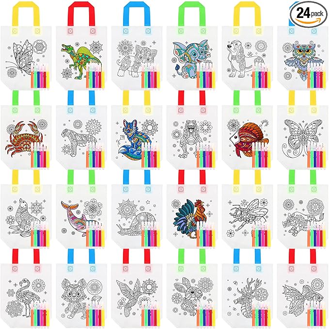 Pasimy 24 Pieces Mandala Animals Coloring Goodies Bags with 144 Makers Recycle Coloring Gifts Bags Color Your Own Totes for Kids DIY Painting Art Crafts Birthday Party Favors