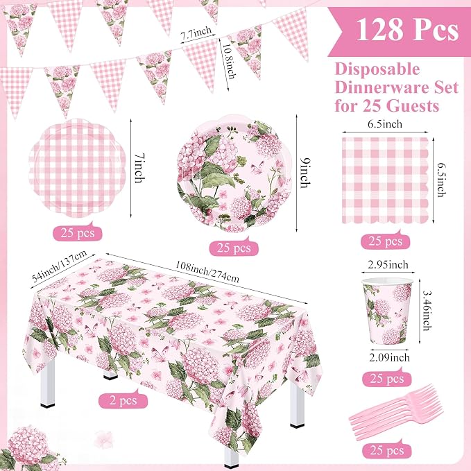 LemonRoad 128 Pcs Pink Gingham Hydrangea Party Decoration for 25, Pink and White Floral Checkered Paper Plates Napkins Cups Tablecloth Forks Banner for Bridal Baby Shower Birthday Tea Party Supply