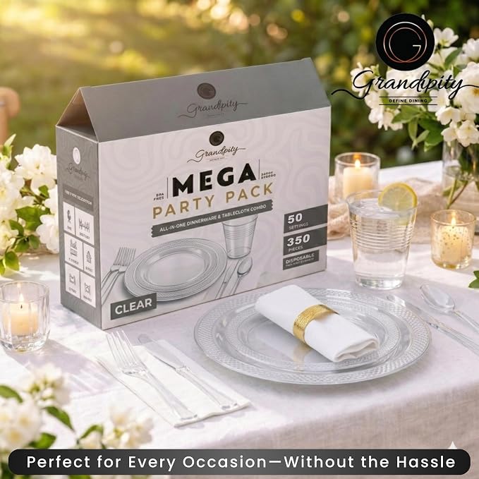 Grandipity 350 Piece Clear Disposable Dinnerware Set, Includes 50 of Each: 9" Dinner Plates, 7" Dessert Plates, 12oz Cups, Paper Napkins, Forks, Knives & Spoons
