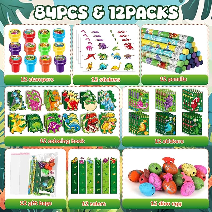 BenLouis 96Pcs Dinosaur Party Favors Dino Theme School Stationery Set Bulk for Kids Jurassic Birthday Party Goodie Bag Stuffers Classroom Gifts Rewards Pinata Filler