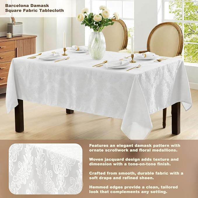 Newbridge Barcelona Luxury Damask Fabric Tablecloth, 52” Wide x 52” Square, White, 100% Polyester, No Iron, Soil Resistant Dining Room, Party and Banquet Table Cover