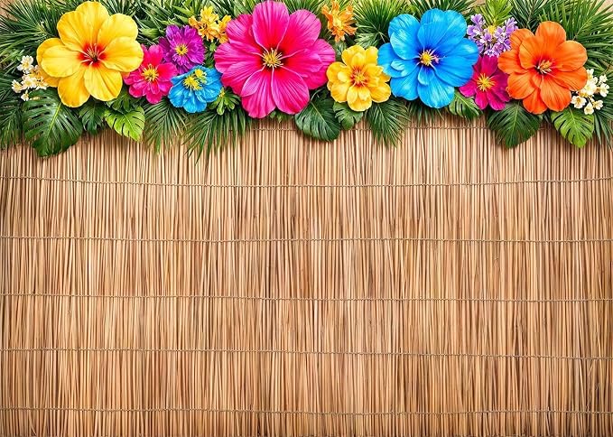 15x10ft Tropical Hawaiian Reed Backdrop, Summer Beach Hibiscus Flower Luau Party Vinyl Photograph Background with Palm Leaves for Aloha Bar Decor, Photoshoot, Birthday Party Supplies