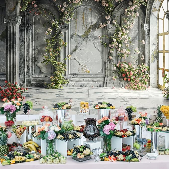 Baocicco 5x3ft Place Flower Wall Photography Background Victoria Arch European Castle Wall Pink Red Rose Backdrop for Women Girls Themed Party Decorations Wedding Baby Shower Cake Table Photoshoot
