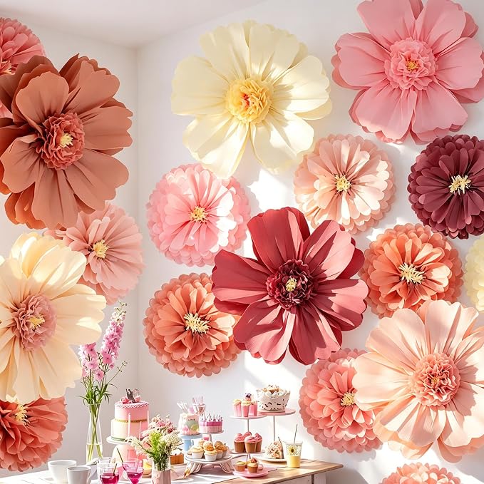 Crowye 12 Pcs Large Colorful Tissue Paper Flowers Decorations Giant Fiesta Craft Crepe Paper Flowers for Wall Decor Backdrop Mexican Wedding Birthday Carnival Party (20'' 31.5'',Vintage Color)