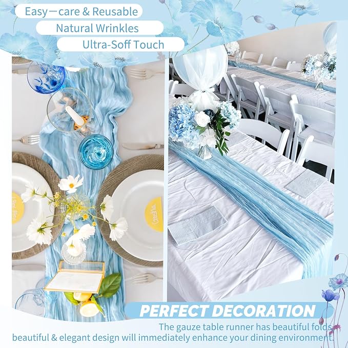 4 Pack Baby Blue Cheesecloth Table Runner 17 x 108 inch Boho Gauze Table Runner Rustic Sheer Cheese Cloth Table Decorations for Wedding Party Baby Bridal Shower Birthday Holiday Home