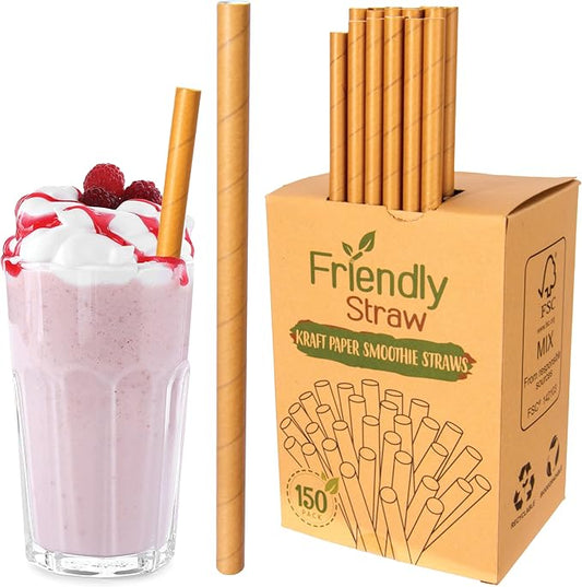 Friendly Straw 150 Pack Biodegradable Paper Smoothie Straws, 7.75" x .4" Extra Wide Disposable Kraft Paper Smoothie Straw - Economy Bulk Pack of Jumbo Paper Straws for Home and Restaurant