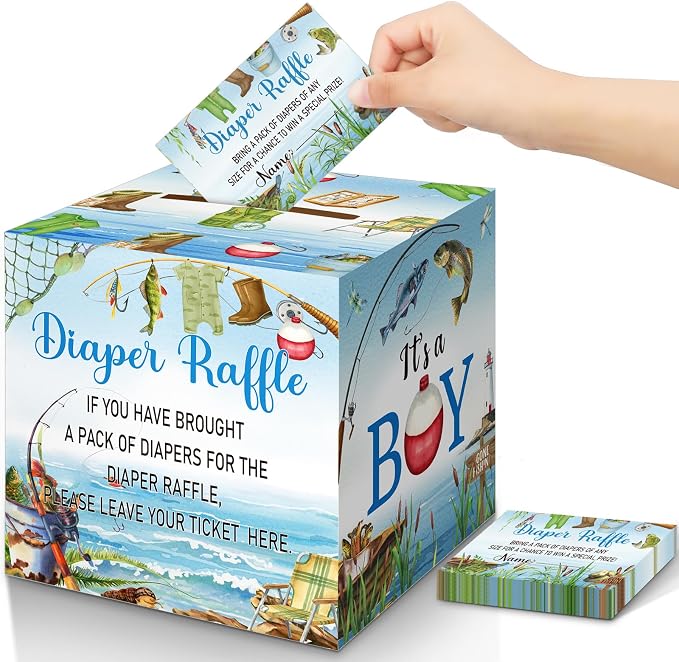 Teling 51 Pieces A Little Fisherman is on the Way Diaper Raffle Tickets with Card Box Baby Shower Decorations Gender Reveal Holder Box for Girl Boy Diaper Raffle Party