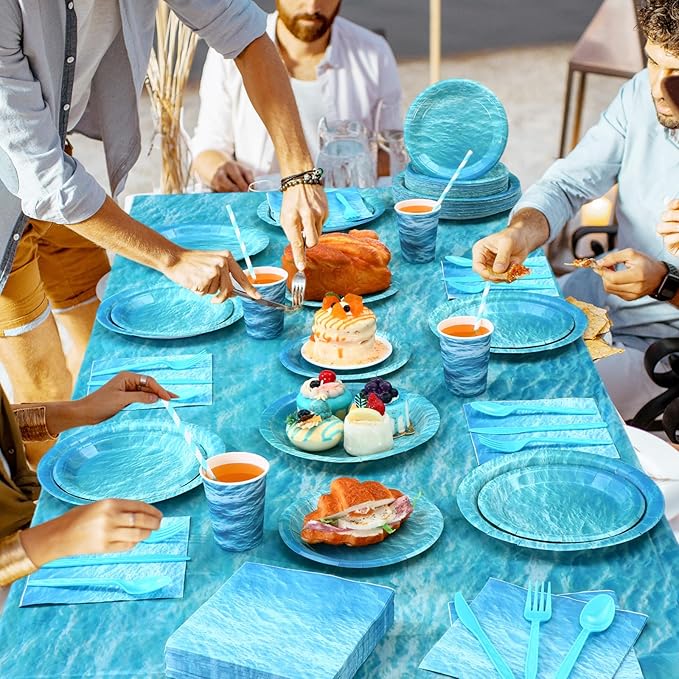 Funnymoom 452 Pcs Ocean Sea Birthday Party Decorations Include Ocean Waves Paper Plates Napkins Cups Tablecloth Cutlery Straws Sea Theme Party Supplies for Birthday Baby Shower