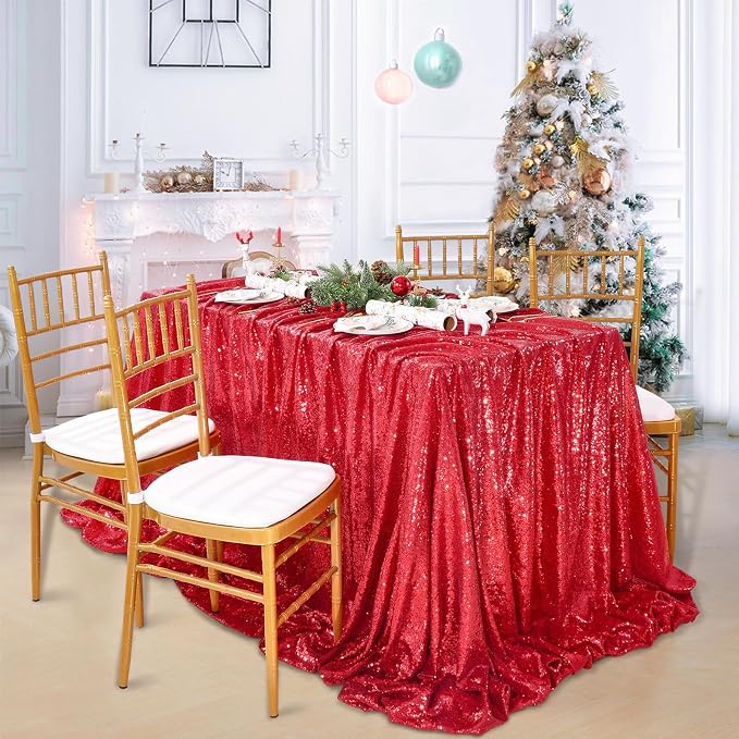 MoKoHouse Sequin Tablecloth Rectangular 90x132 Inch Red Table Cloth Seamless Glitter Fabric for Home Party Wedding Decor Christmas Decorations