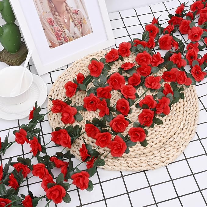 BLEUM CADE 12Pcs 98.4Ft Flower Garland Artificial Rose Vines for Bedroom, Cute Fake Hanging Flower Vines Floral Garland Decorations for Wedding Party Wall Room Decor Aesthetic