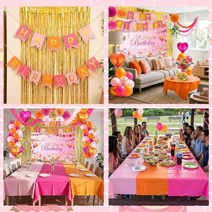 Huwena Pink and Orange Party Decorations Hot Pink and Orange Birthday Decorations with Banner Balloons Garlands Heart Foil Paper Flowers Paper Fans Fringe Curtains Tablecloths Backdrop for Women Girls