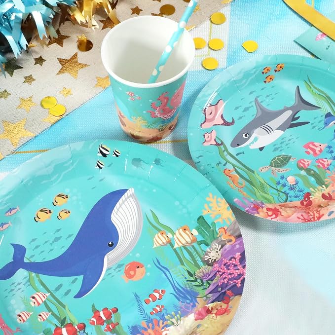 Recheel Under the Sea Birthday Party Supplies Decorations, Ocean Theme Paper Plates and Napkins Set for 24 Guests, 120 Pcs Disposable Sea Animals Party Dessert Dinnerwares