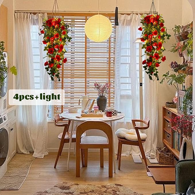 RECUTMS Artificial Red Roses Hanging Flowers Plants, 2 pcs 3.3 Ft Fake Silk Floral Ivy Garlands with 30 Fairy String Lights Greenery for Home Room Garden Wedding Arch Indoor Outdoor Wall Party Decor