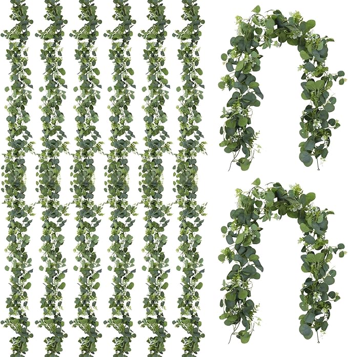8 Pcs 5.9Ft Eucalyptus Garland, Artificial Eucalyptus Leaves with Flowers Faux Table Greenery Garland Fake Wreath Vines Decoration for Centerpiece, Wedding, Arch, Wall, Stair, Party