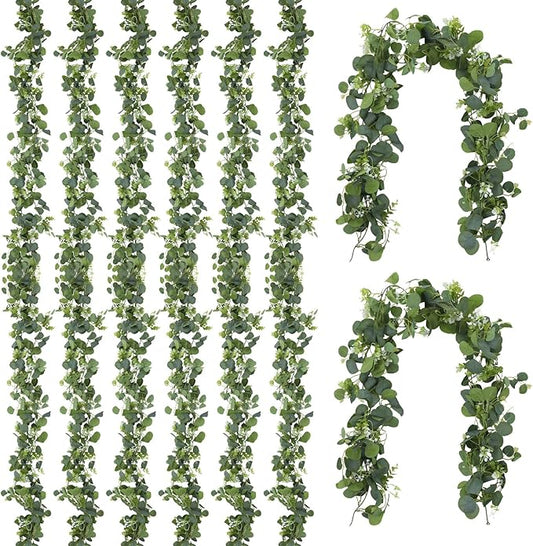 8 Pcs 5.9Ft Eucalyptus Garland, Artificial Eucalyptus Leaves with Flowers Faux Table Greenery Garland Fake Wreath Vines Decoration for Centerpiece, Wedding, Arch, Wall, Stair, Party