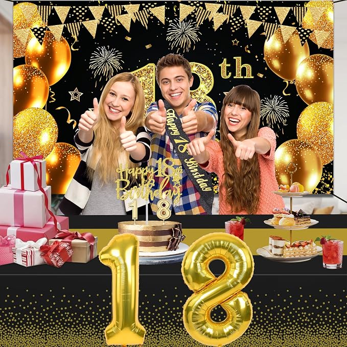18th Birthday Decorations for Boys Girls with 18th Birthday Banner, Black and Gold Table Cloth, Number Balloons, Large Sash, Cake Topper and Candles
