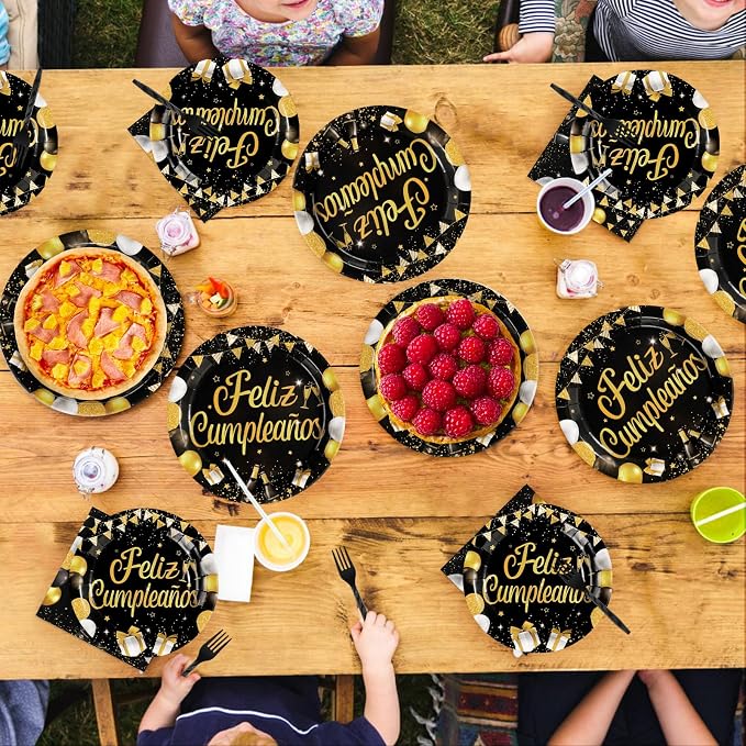 96Pcs Feliz Cumpleaños Decoration Black and Gold Plates and Napkins Feliz Cumpleaños Happy Birthday Tableware Set for Men Women Spanish Black and Gold Birthday Party Supplies Serves 24