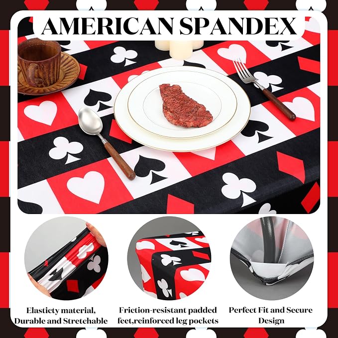 Frienda 1 Pcs Casino Theme Party Decorations Tablecloth Spandex Stretch Red and Black Poker Tablecloth 71 x 30'' Casino Themed Table Cover for Poker Game Playing Card Birthday Party Supplies