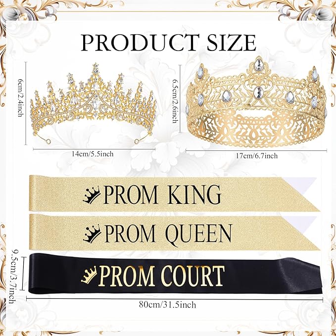 Retrowavy 12 Pcs Prom Crown and Sash Set, Prom King and Queen Tiara Rhinestone Crown Satin Sash for Graduation Party