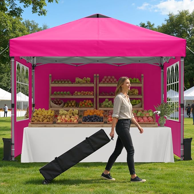 Raynesys Pop Up Canopy Tent with Sidewalls, 10x10ft 10 Person Party Tent One Push Setup, Portable Gazebo Outdoor Sun Shade for Events, Parties, Camping, Commercial, Silver Coated Top, Pink