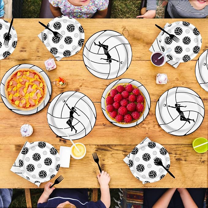 Grencian 96Pcs Volleyball Party Decorations Volleyball Paper Plates and Napkins Sports Theme Disposable Tableware for Girls Birthday Party Supplies Serves 24