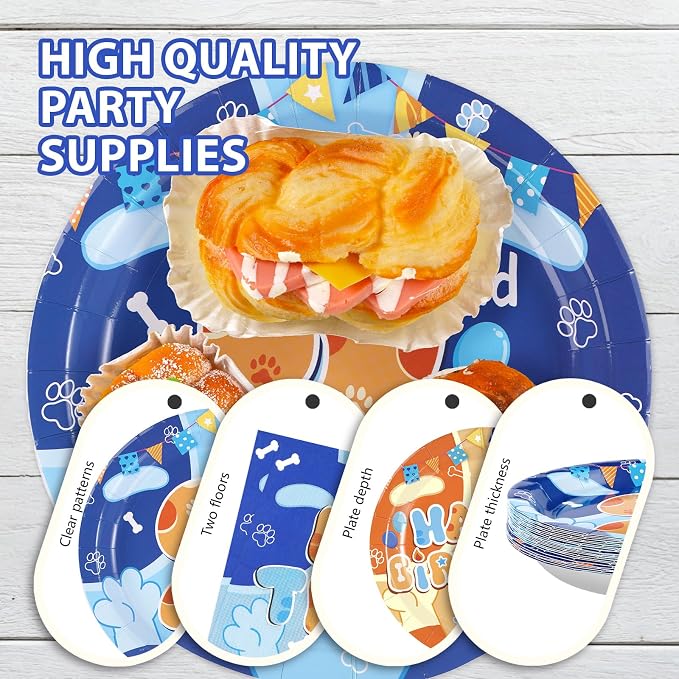 Grencian 96PCS Blue Cartoon Dog 2nd Birthday Decorations I'm Two Blue Cute Dog Party Plates Disposable Cartoon Dogs Tableware for Boys Girls Cute Dogs 2nd Birthday Party Decorations, Serves 24