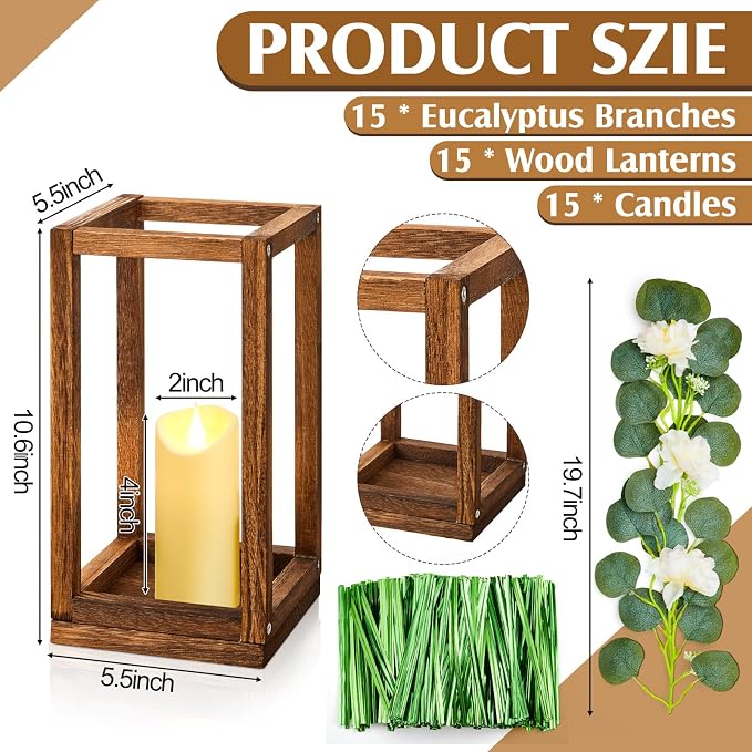 Sabary 15 Set/45 Pcs Wooden Wedding Lantern Centerpiece, Include 15 Candle Holder 15 LED Candle 15 Eucalyptus Leave Wreath for Rustic Wedding Table Decoration, Country Barn Table Valentine Decor