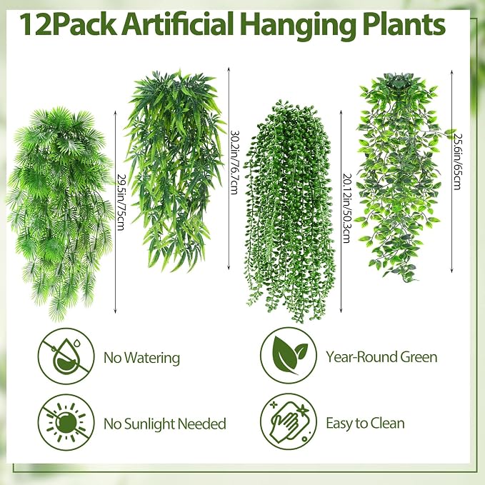Daifunli 12 Pcs Artificial Hanging Plants Fake Hanging Ferns Plastic Fake Plant for Wall Room Garden Garland Indoor Outdoor Decor No Basket (Palm,Mandala,String of Pearls,Maple Leaf)