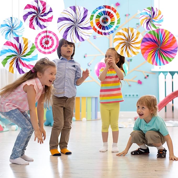 Outus Hanging Paper Fans Decorations Candy Party Classroom Decoration Colorful Peppermint Candy Paper Fan Ceiling Wall Garland for Candyland Themed Birthday Party Supplies(9 Pcs,Design)