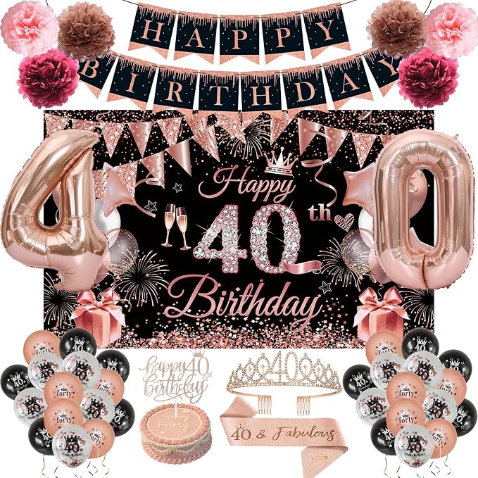 40th Birthday Decorations for Women, Black Rose Gold Happy 40 Years Old Decor for Her Include Sash and Crown, 30pcs Balloons Banner 40" Number Balloons, Backdrop Cake Topper & Paper Pom Poms