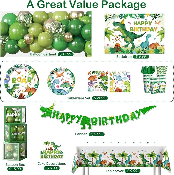 268Pcs Dinosaur Birthday Party Decorations, All-in-One Dinosaur Party Decorations Set for 25 Guests with Balloon Garland Arch, Plates, Tablecloth, Cake Topper, Backdrop, Napkins, Glitter Banner