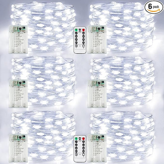 6 Pack Fairy Lights Battery Operated with Remote Control Timer, 26 FT 80 LED String Lights Outdoor Indoor, 8 Modes Twinkle Lights for Christmas Party Wedding Birthday Bedroom Décor (Cool White)