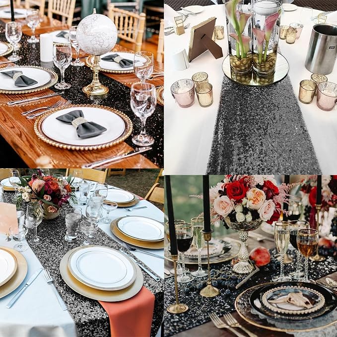 12 Packs Sequin Table Runner Glitter Dining Table Runner for Birthday Wedding Engagement Bridal Baby Shower Bachelorette Holiday Celebration Party Supplies Decorations (12" x 108", Black)