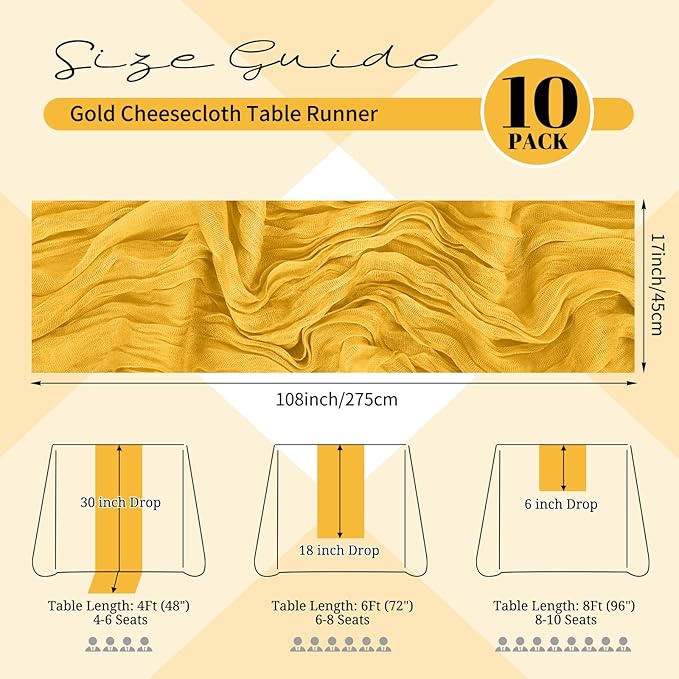 10 Pack Gold Cheesecloth Table Runner 17x108 Inch Semi Sheer Boho Gauze Cheese Cloth Table Runners, for Wedding Bridal Shower Birthday Party Home Decor Garden Farmhouse