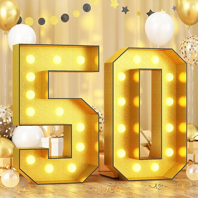 Light Up Numbers 50, 4FT Lighted Numbers 50 Marquee Glitter Gold Large Mosaic Number for 50th Birthday, Giant Marquee Sign Frame Pre-Cut Foam Board Kit for Graduation Anniversary Party