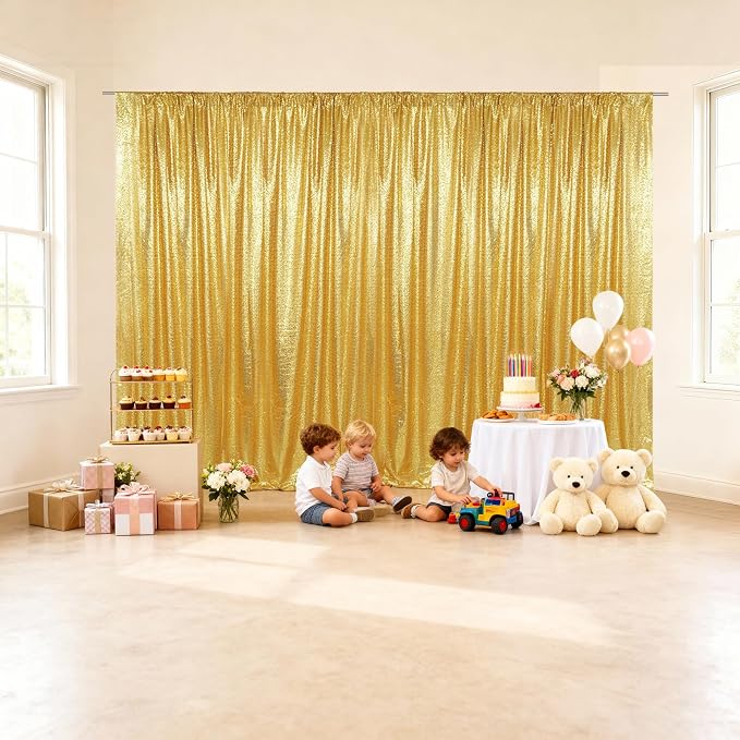 SquarePie 20x10ft Gold Sequin Backdrop for Photography, Satin-Backed Real Sequin Curtain, Enhanced Coverage Shimmering Background with 4" Rod Pocket for Wedding, Birthday, Party Decor, 1 Panel