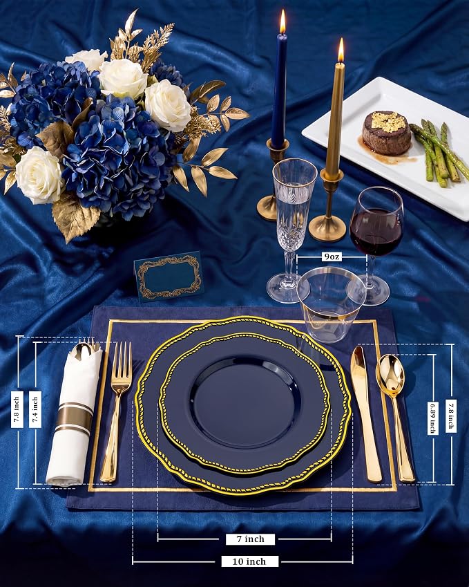 Hioasis 175pcs Blue Gold Plastic Plates - Gold Plastic Dinnerware Set Includes 25 Dinner Plates, 25 Dessert Dinnerware, 25 Cups, 25 Napkins Perfect for Wedding & Party & 4th ofJuly