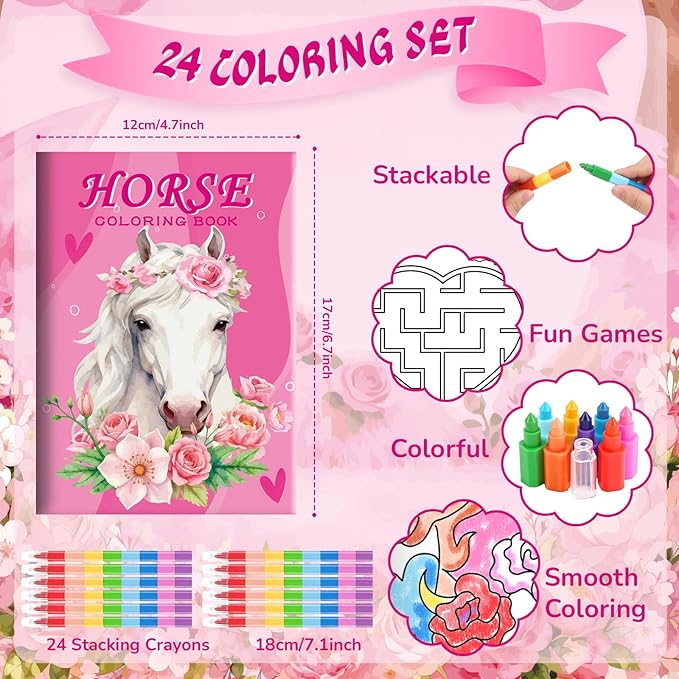 BenLouis 24 Horse Floral Mini Coloring Books Kids with 24 Stacking Crayons Cowgirl Party Party Favors Activity Books Bulk for Kids Girls Horse Racing Flower Goodie Bag Gift Stuffer Classroom Reward