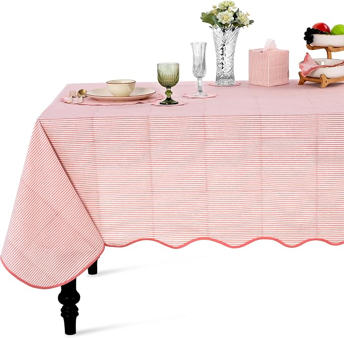 Ridhi Blush Coral Stripe Block Print 70x108 Rectangle Tablecloth Table Cover for Dining Tables, Handcrafted Farmhouse Kitchen Decor, Washable, Decorative Tablecloths for Spring, Easter, Valentine