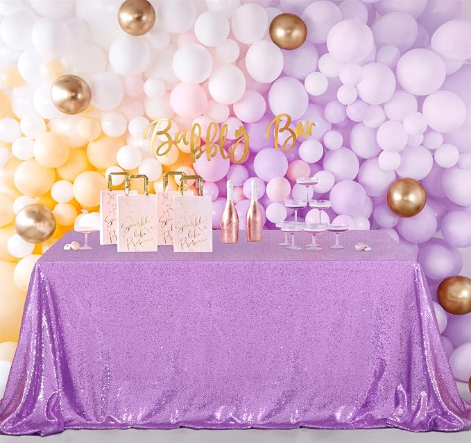 B-COOL Sequin Tablecloth Rectangle Tablecloths Lavender Shiny Table Skirt Sweet Birthday Cake Events Table Linens-90x156inches