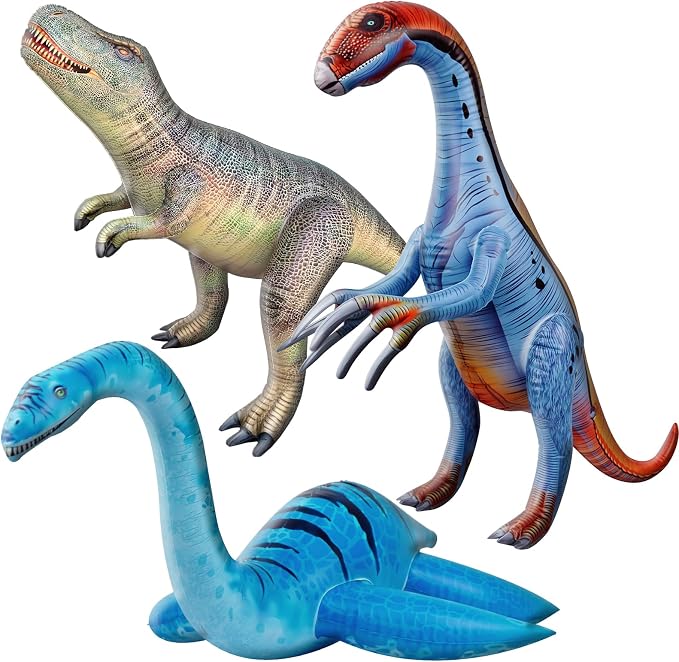 HOHQB 3 Inflatable Dinosaur Jurassic Birthday Party Supplies Giant Blow up Dinosaur Birthday Decorations Balloons for Kids (Plesiosaur Tyrannosaurus Therizinosaurus)
